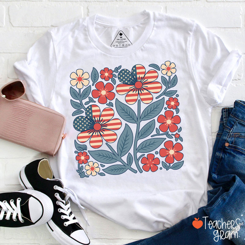 Boho Patriotic Daisy Teacher T-Shirt