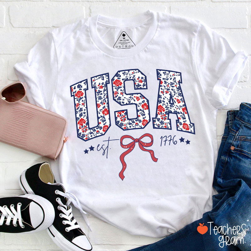 Floral USA Coquette Patriotic Teacher T-Shirt