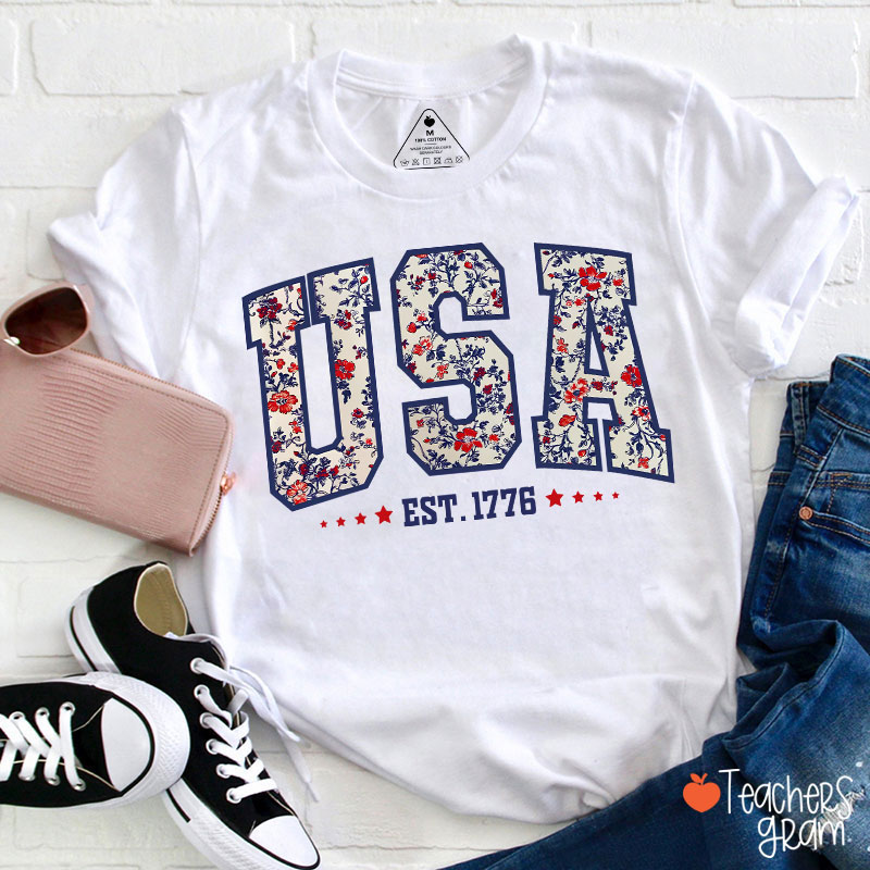 Retro Floral USA Teacher T-Shirt