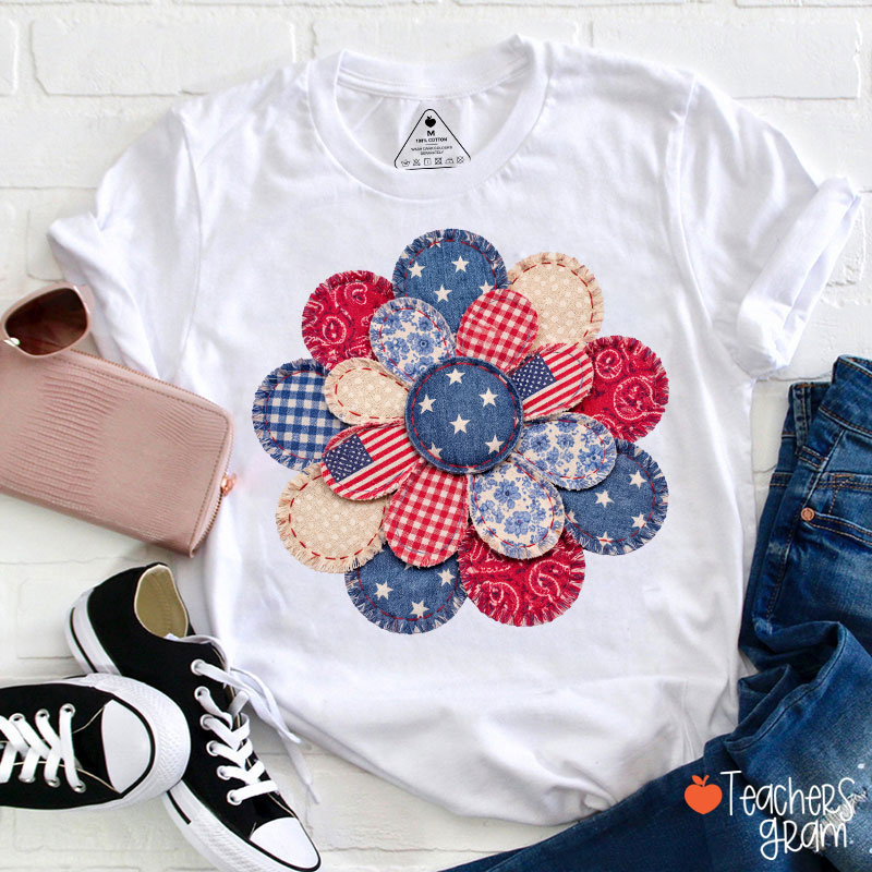 Faux Patchwork American Flag Flower Teacher T-Shirt