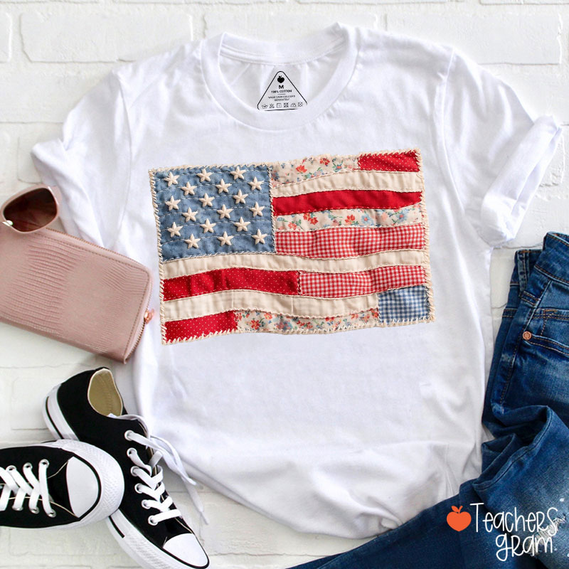 Faux Patchwork American Flag Teacher T-Shirt