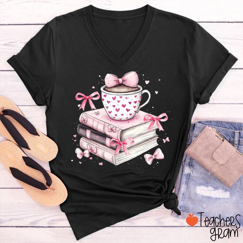 Coffee Books Valentines Day Teacher Female V-Neck T-Shirt