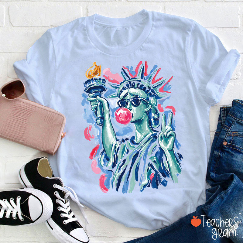 Preppy Statue Of Liberty Blowing Bubble Teacher T-Shirt