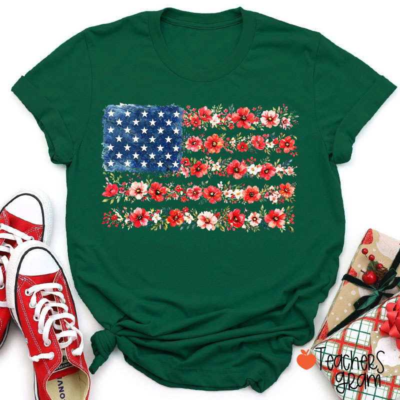 American Flag Wild Flower Teacher T-Shirt