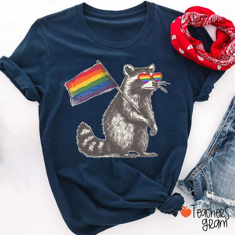 Funny Raccoon Rainbow Flag Pride Teacher T-Shirt