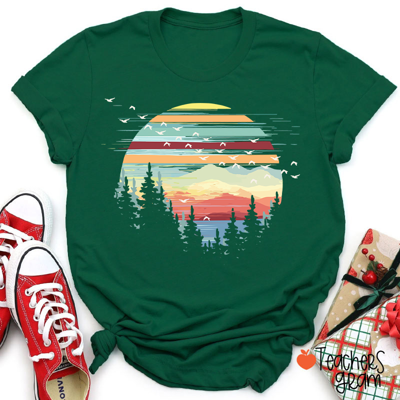 Retro Mountain Sunset Forest And Birds Teacher T-Shirt