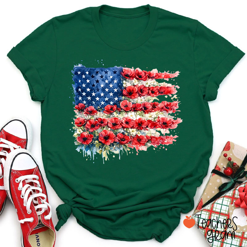 4th Of July Floral American Flag Teacher T-Shirt