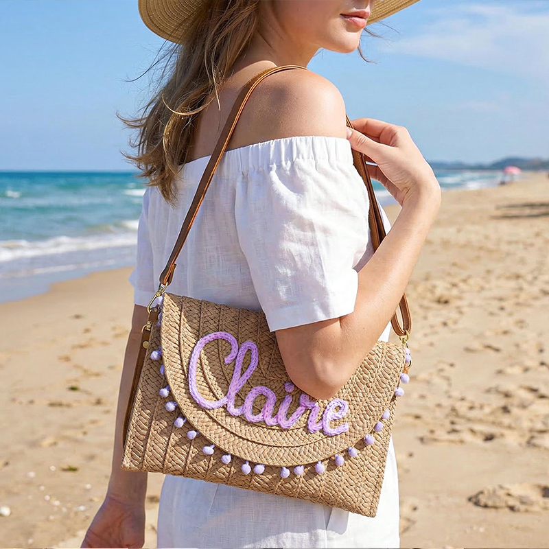 Personalized Embroidered Name Summer Vacation Straw Shoulder Bag