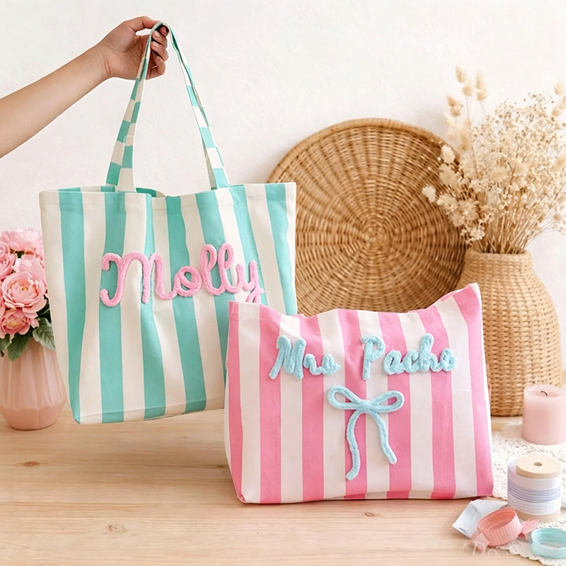 Personalized Name Chenille Embroidered Striped Tote Bag