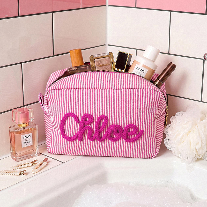 Personalized Embroidered Name Seersucker Teacher Makeup Bag