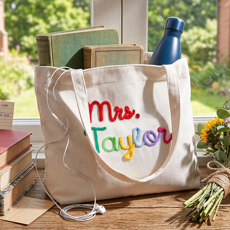 Personalized Name Corduroy Teacher Tote Bag
