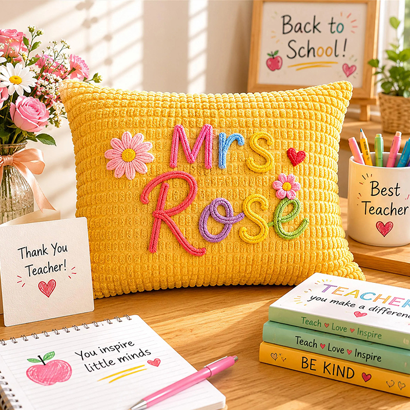 Personalized Embroidered Name Corduroy Teacher Pillow Cover
