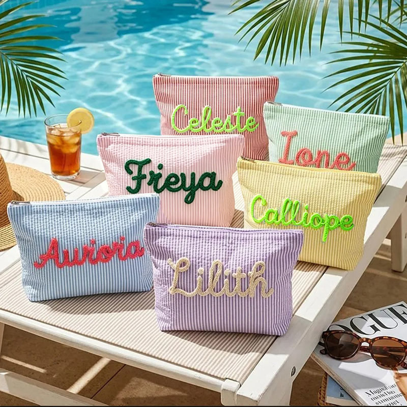 Personalized Vacation Travel Seersucker Makeup Bag