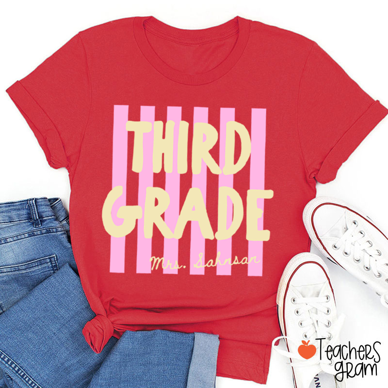 Personalized Grade And Name Pink Stripes Teacher T-Shirt
