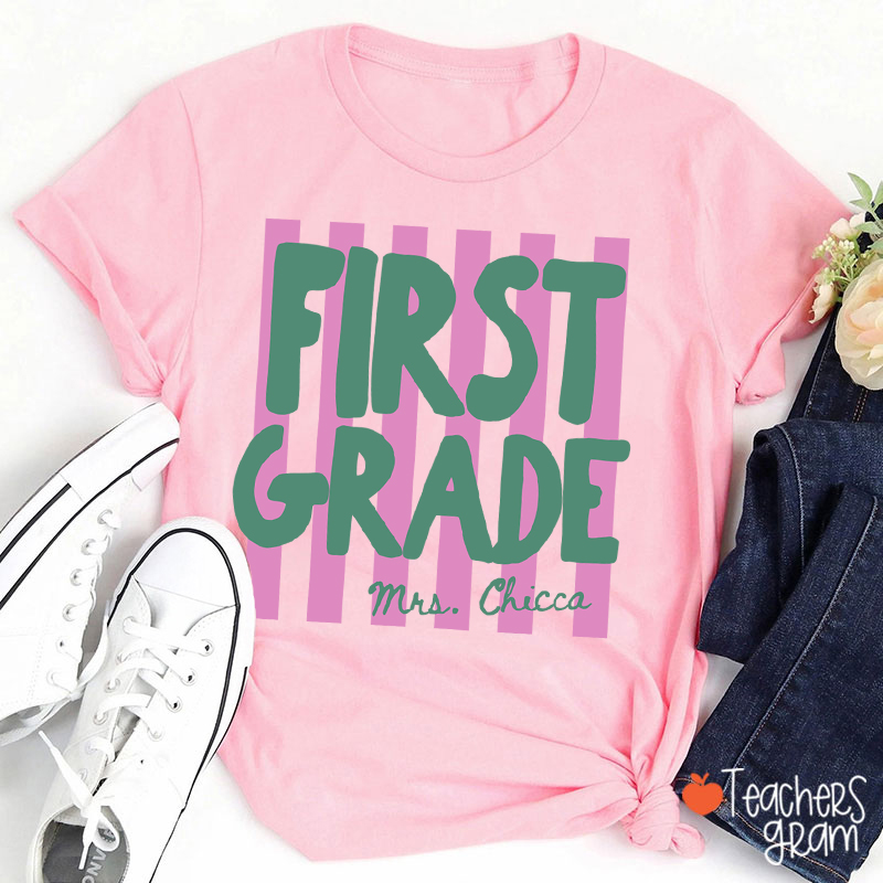 Personalized Grade And Name Pink Stripes Teacher T-Shirt