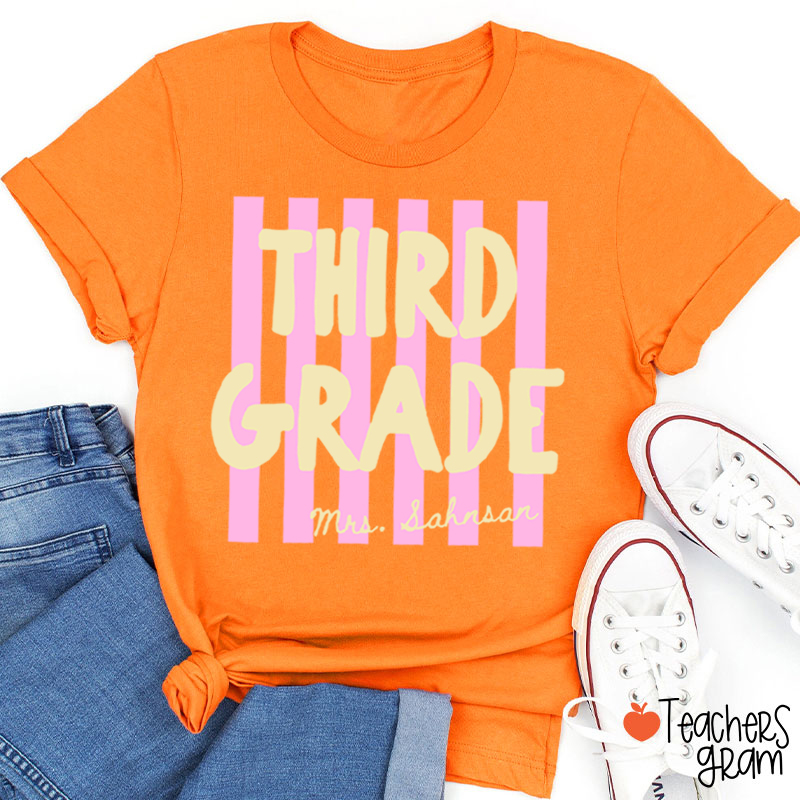 Personalized Grade And Name Pink Stripes Teacher T-Shirt