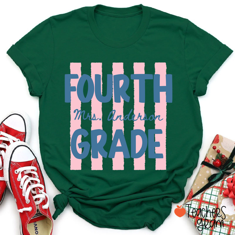 Personalized Name And Grade Preppy Stripes Teacher T-Shirt