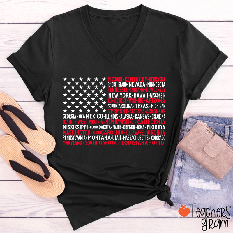 Vintage American Flag 4th Of July Teacher Female V-Neck T-Shirt