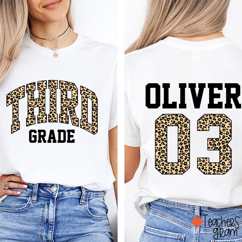 Personalized Grade Name Leopard Print Number Teacher Two Sided T-Shirt