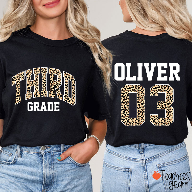 Personalized Grade Name Leopard Print Number Teacher Two Sided T-Shirt