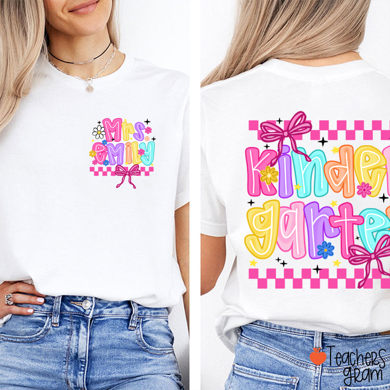 Personalized Grade And Name Checkered Bow Teacher Two Sided T-Shirt