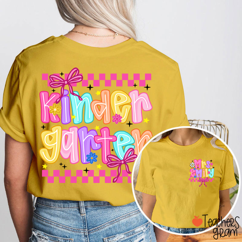 Personalized Grade And Name Checkered Bow Teacher Two Sided T-Shirt