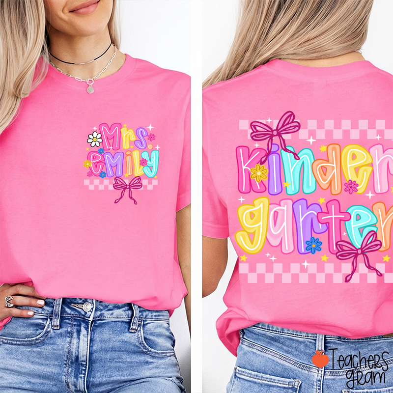 Personalized Grade And Name Checkered Bow Teacher Two Sided T-Shirt