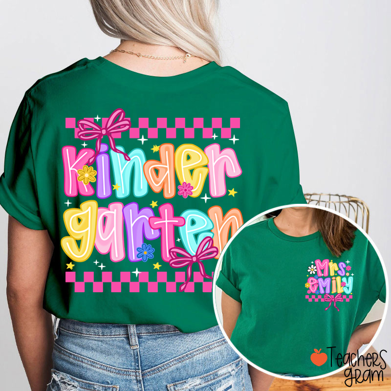 Personalized Grade And Name Checkered Bow Teacher Two Sided T-Shirt