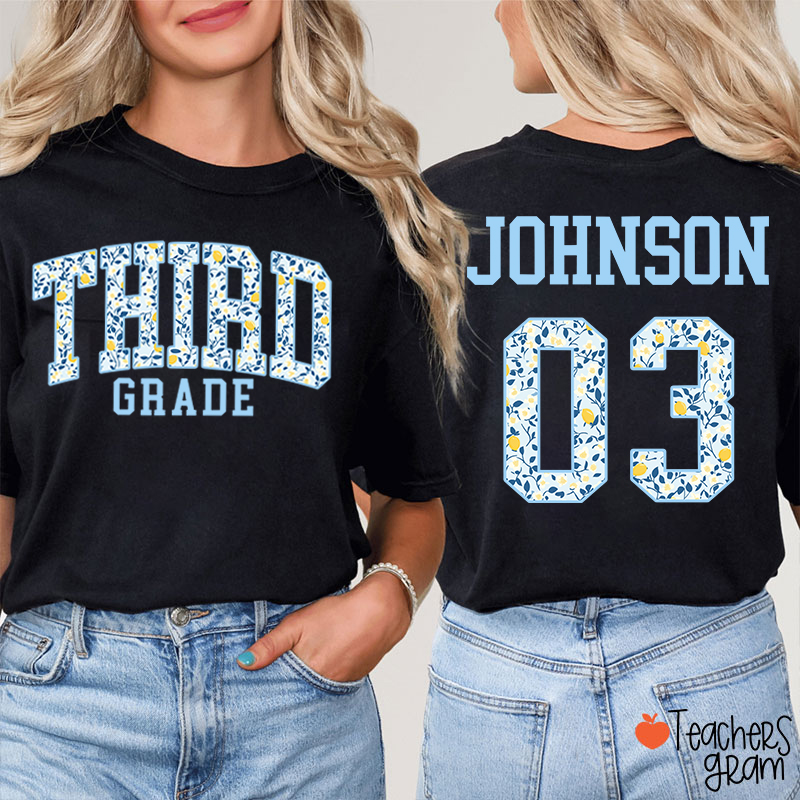 Personalized Grade And Name Floral Letter Teacher Two Sided T-Shirt