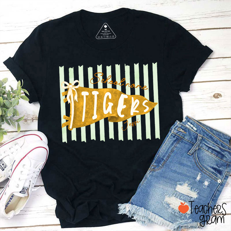 Personalized Mascot School Spirit Stripes Pennant Teacher T-Shirt