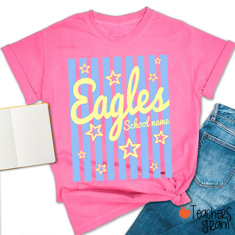 Personalized School Mascot Preppy Striped Star Teacher T-Shirt-Teachersgram