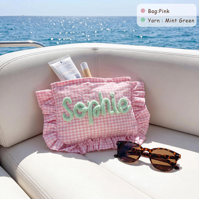 Personalized Name Ruffle Gingham Chenille Teacher Makeup Bag