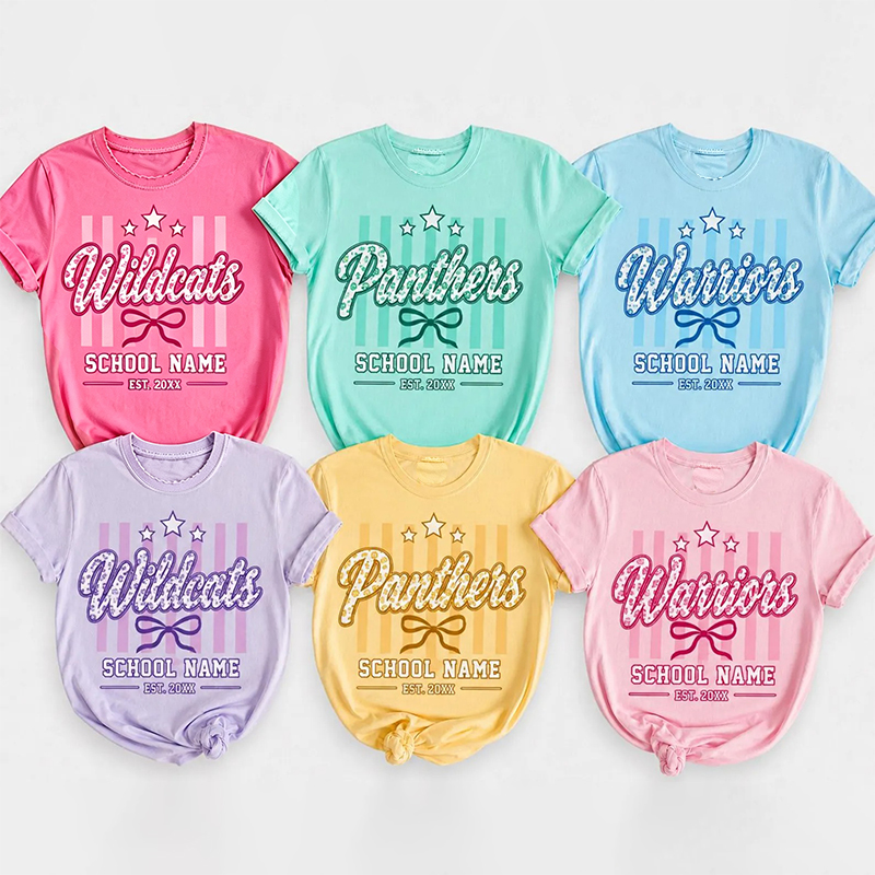 Personalized Mascot Vertical Stripe Bow Star Teacher T-Shirt