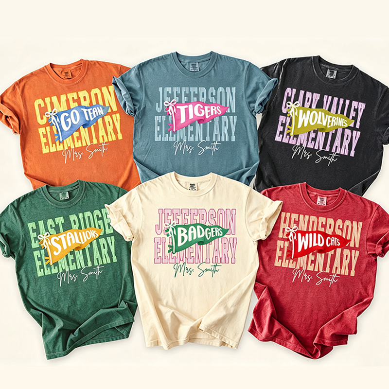 Personalized Mascot Pennant School Name Script Teacher T-Shirt