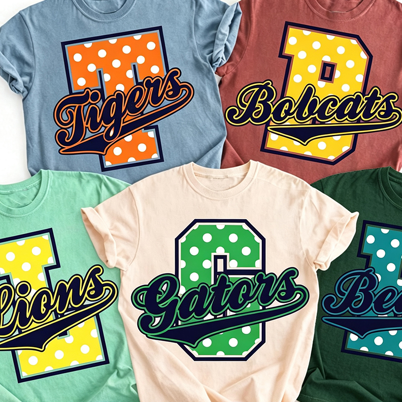 Personalized Mascot Polka Dot Varsity Letter Script Teacher T-Shirt
