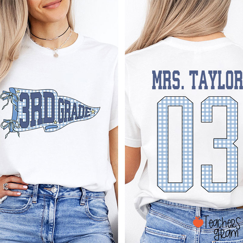 Personalized Grade Pennant Blue Gingham Teacher Two Sided T-Shirt