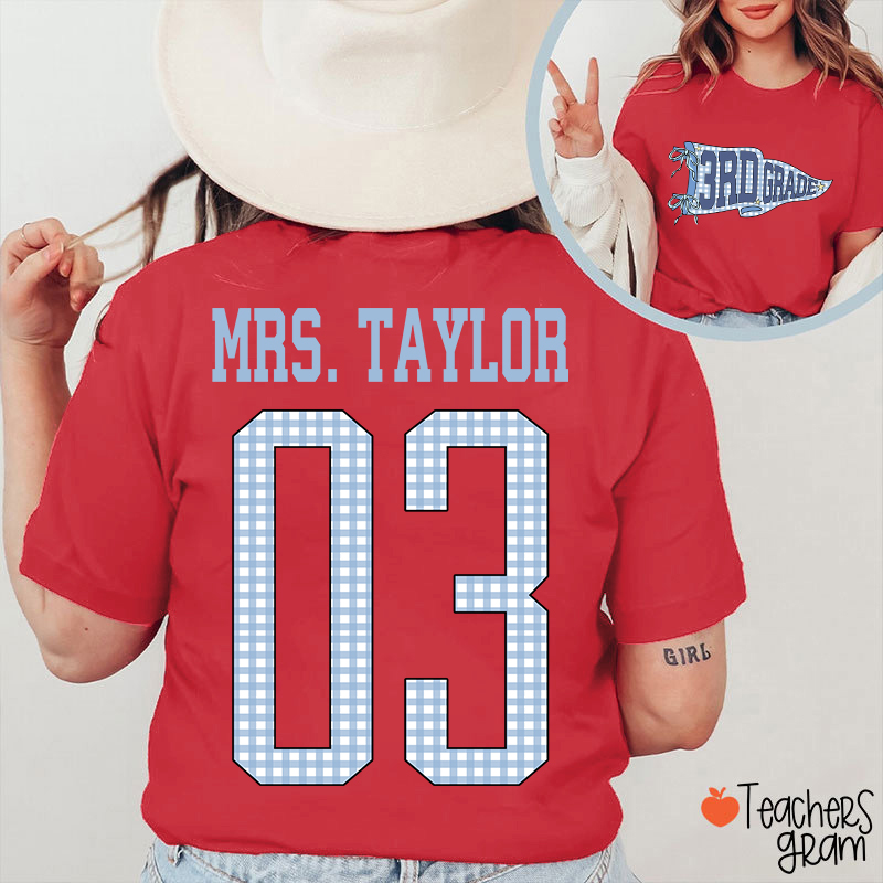 Personalized Grade Pennant Blue Gingham Teacher Two Sided T-Shirt