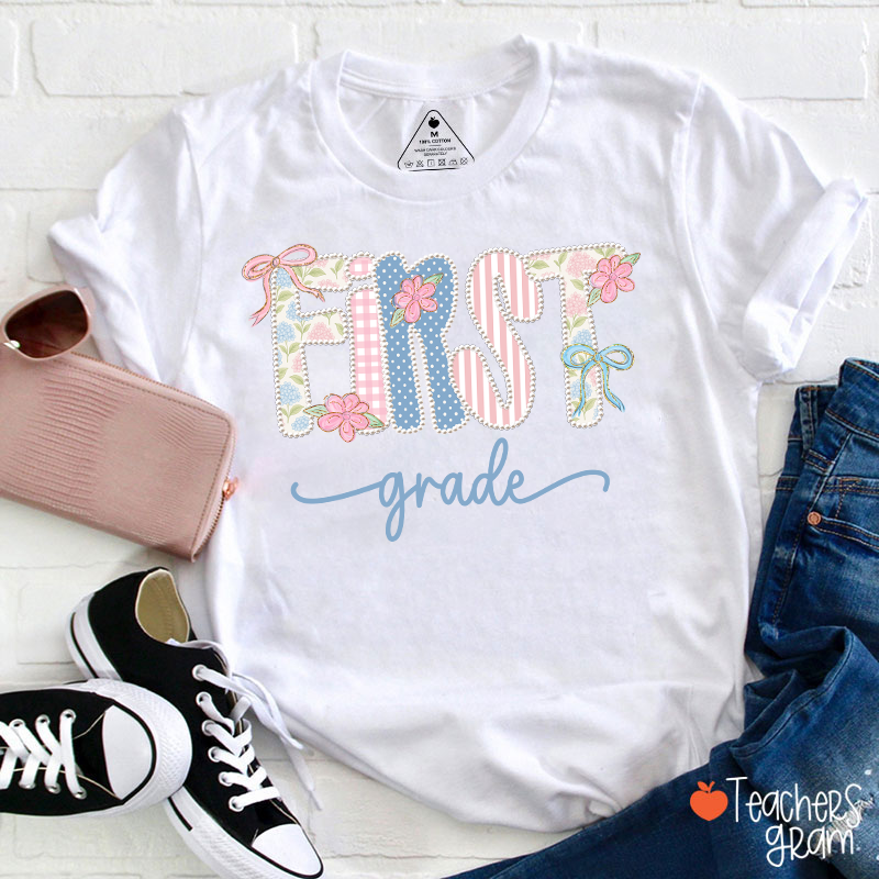 Personalized Grade Gingham Floral Bow Varsity Letter Teacher T-Shirt