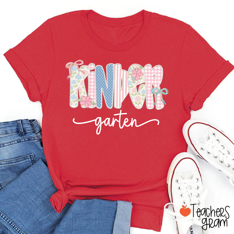 Personalized Grade Gingham Floral Bow Varsity Letter Teacher T-Shirt