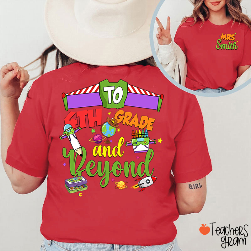 Personalized Grade Cartoon School Supply Rocket Teacher Two Sided T-Shirt