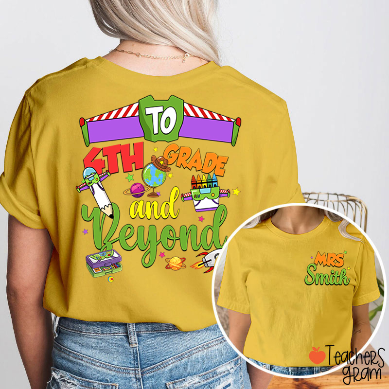 Personalized Grade Cartoon School Supply Rocket Teacher Two Sided T-Shirt