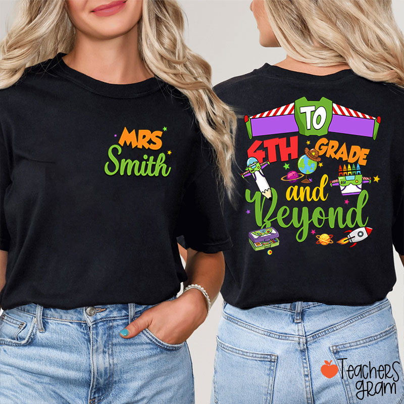 Personalized Grade Cartoon School Supply Rocket Teacher Two Sided T-Shirt