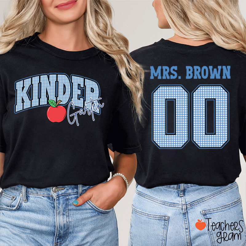 Personalized Grade And Name Checkered Letter Apple Teacher Two Sided T-Shirt