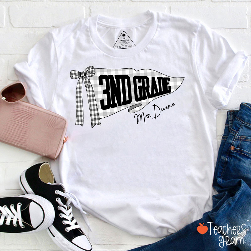Personalized Grade And Name Gingham Bow Pennant Teacher T-Shirt