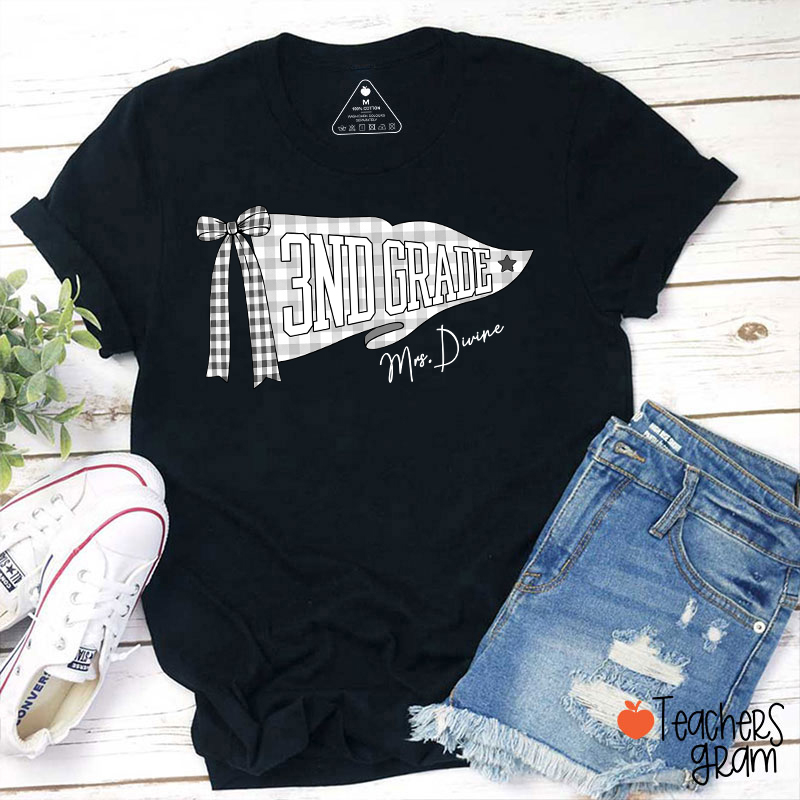 Personalized Grade And Name Gingham Bow Pennant Teacher T-Shirt-Teachersgram