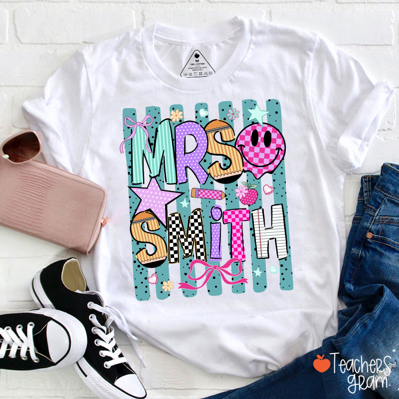 Personalized Grade Coquette Preppy Stripes Teacher T-Shirt
