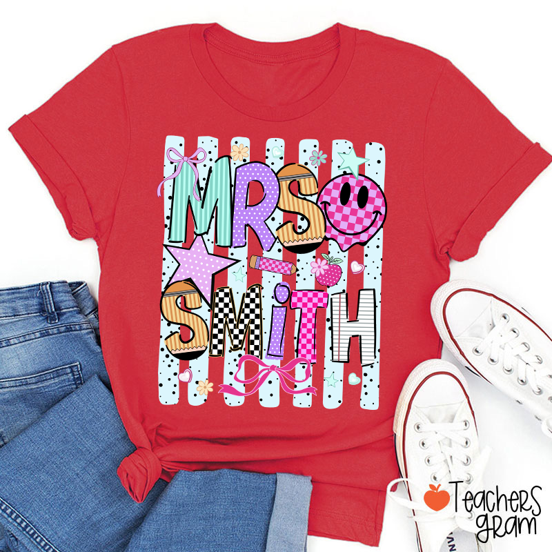 Personalized Grade Coquette Preppy Stripes Teacher T-Shirt