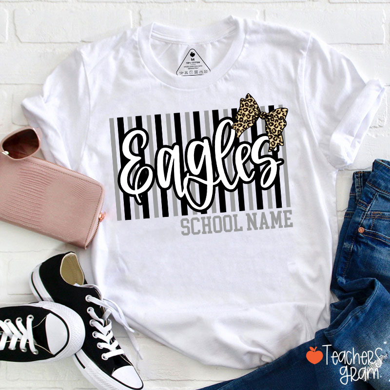 Personalized School Mascot Stripe Leopard Bow Teacher T-Shirt