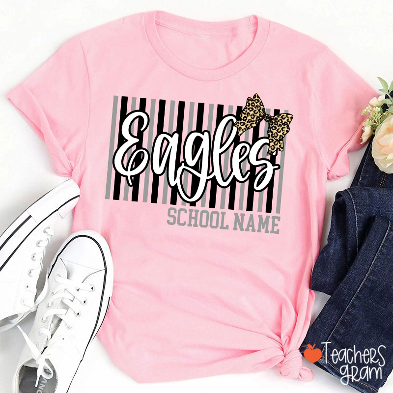 Personalized School Mascot Stripe Leopard Bow Teacher T-Shirt