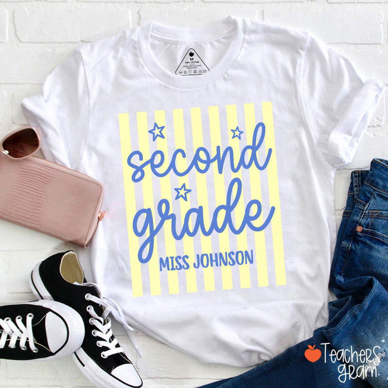 Personalized Grade Blue Gingham Stripes Teacher T-Shirt